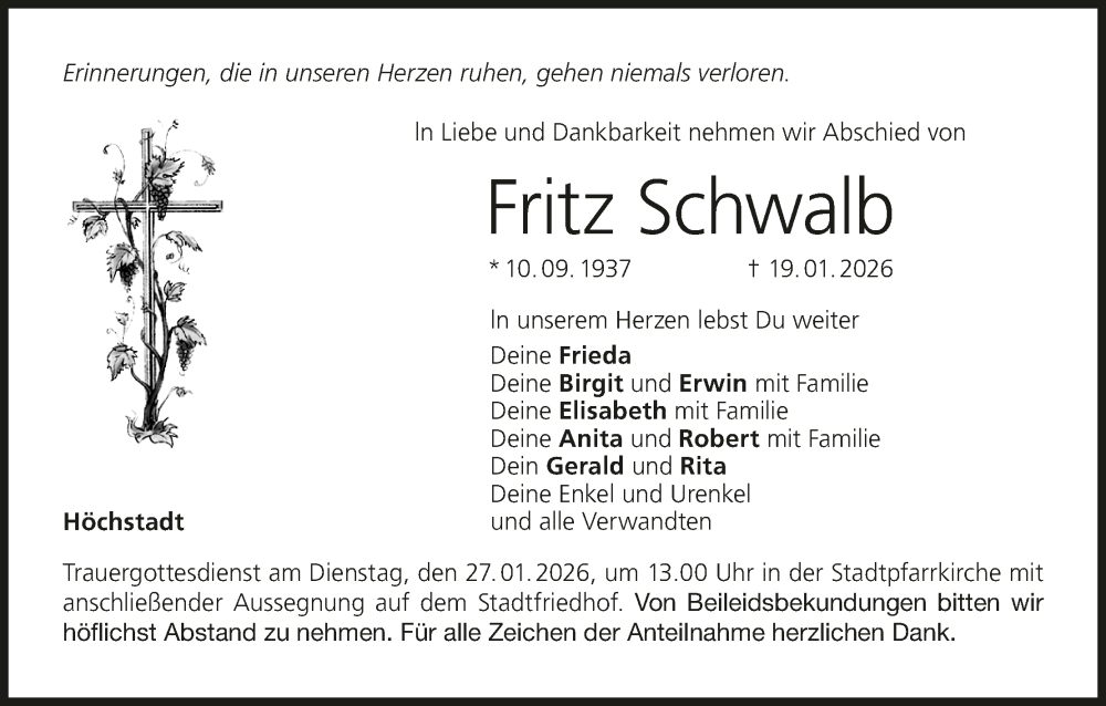  Traueranzeige für Fritz Schwalb vom 24.01.2026 aus MGO