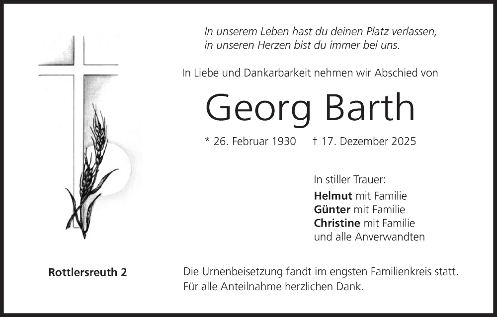  Traueranzeige für Georg Barth vom 12.01.2026 aus MGO