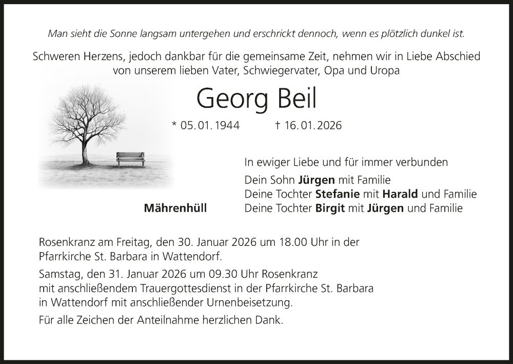  Traueranzeige für Georg Beil vom 24.01.2026 aus MGO
