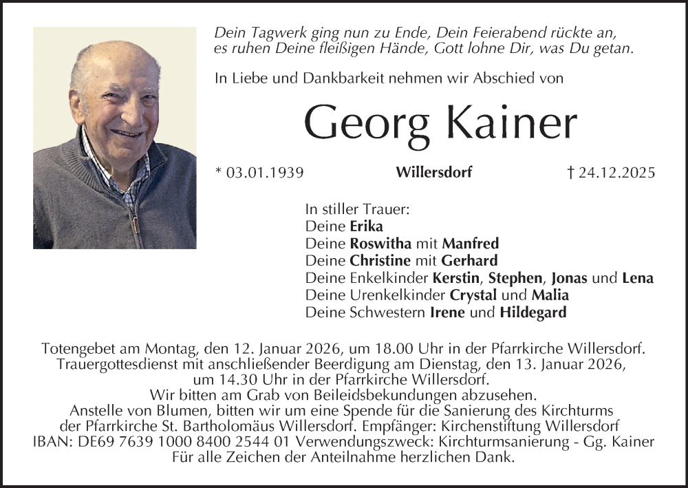  Traueranzeige für Georg Kainer vom 10.01.2026 aus MGO