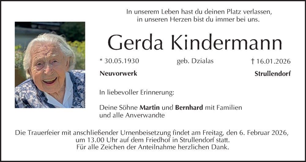  Traueranzeige für Gerda Kindermann vom 31.01.2026 aus MGO