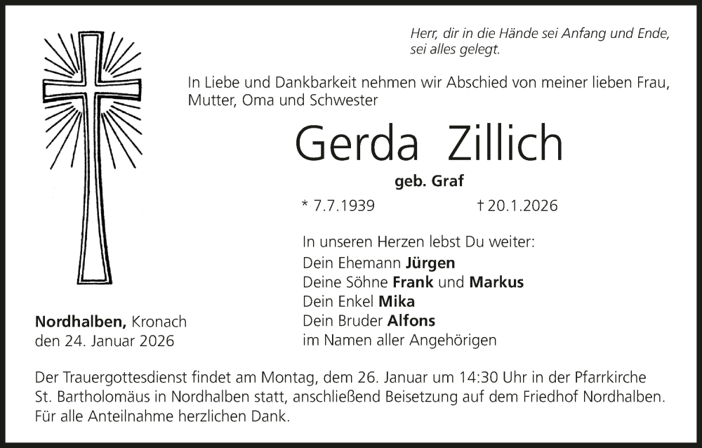  Traueranzeige für Gerda Zillich vom 24.01.2026 aus MGO