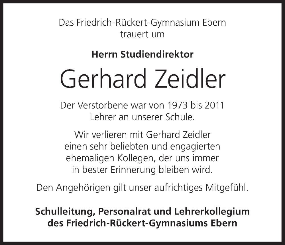  Traueranzeige für Gerhard Zeidler vom 14.01.2026 aus MGO