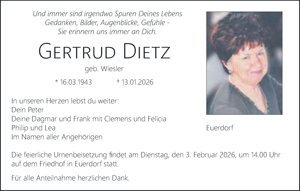  Traueranzeige für Gertrud Dietz vom 24.01.2026 aus MGO