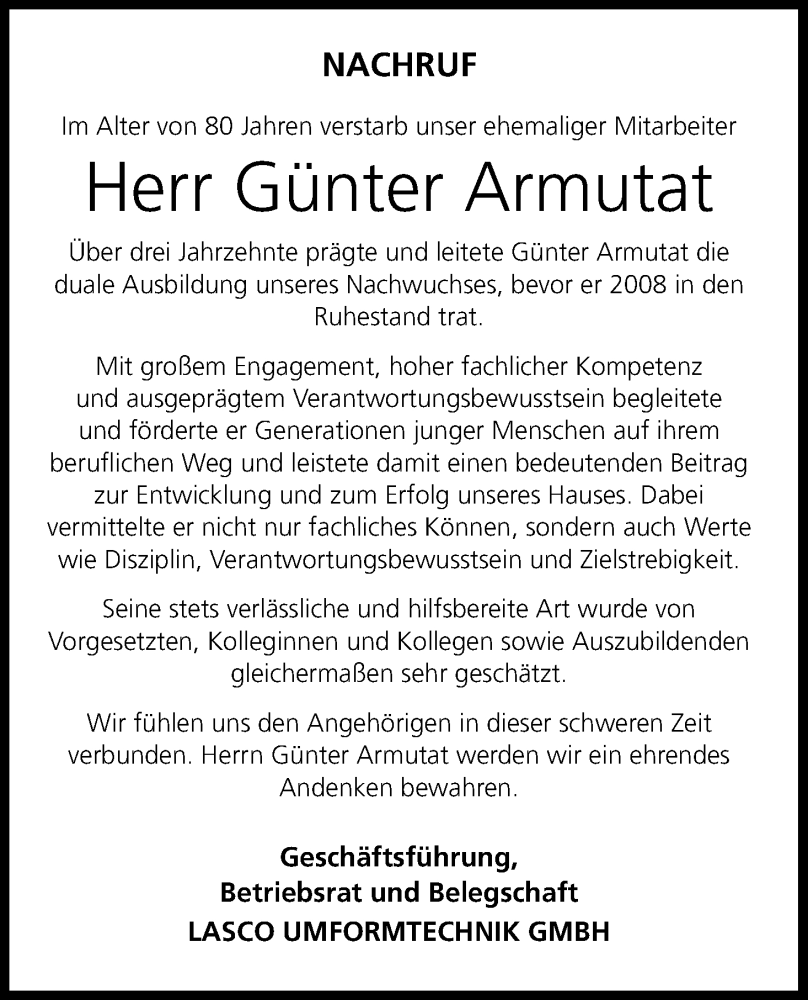  Traueranzeige für Günter Armutat vom 14.01.2026 aus MGO