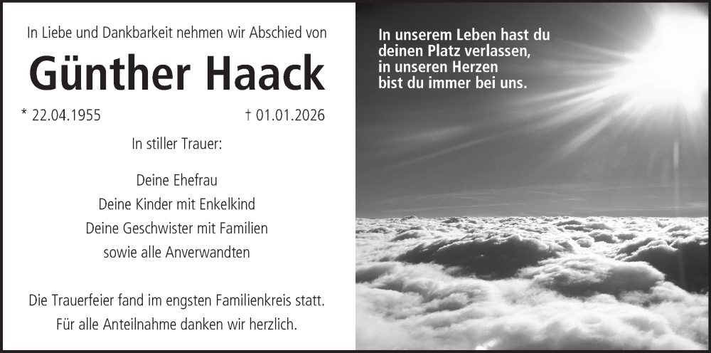  Traueranzeige für Günther Haack vom 10.01.2026 aus MGO