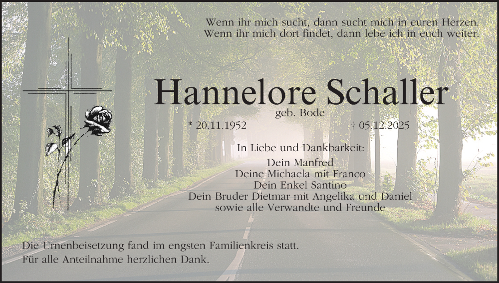  Traueranzeige für Hannelore Schaller vom 17.01.2026 aus MGO