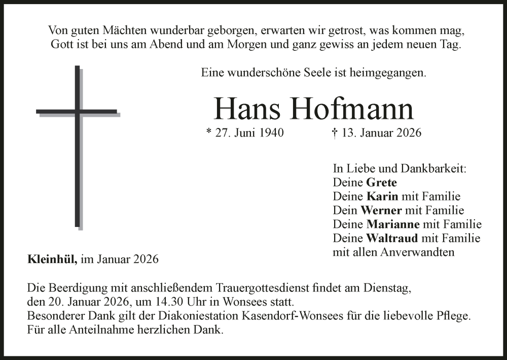  Traueranzeige für Hans Hofmann vom 17.01.2026 aus MGO