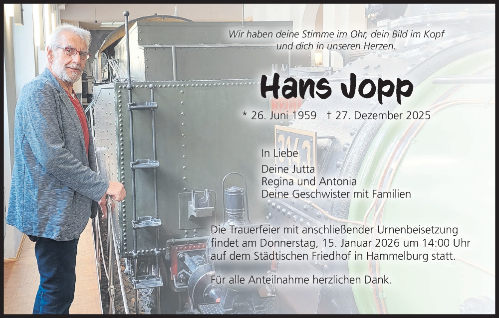  Traueranzeige für Hans Jopp vom 10.01.2026 aus MGO
