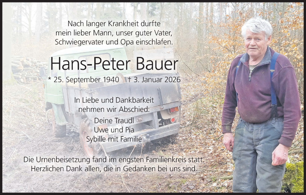  Traueranzeige für Hans-Peter Bauer vom 24.01.2026 aus MGO