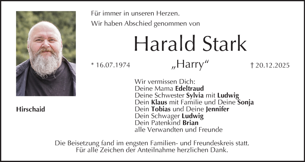  Traueranzeige für Harald Stark vom 24.01.2026 aus MGO