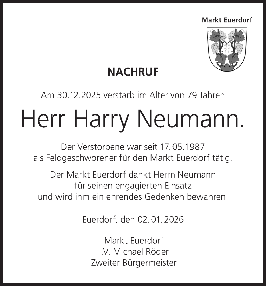  Traueranzeige für Harry Neumann vom 10.01.2026 aus MGO