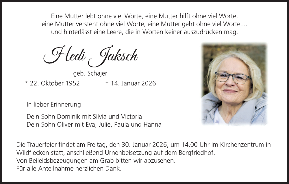  Traueranzeige für Hedi Jaksch vom 24.01.2026 aus MGO