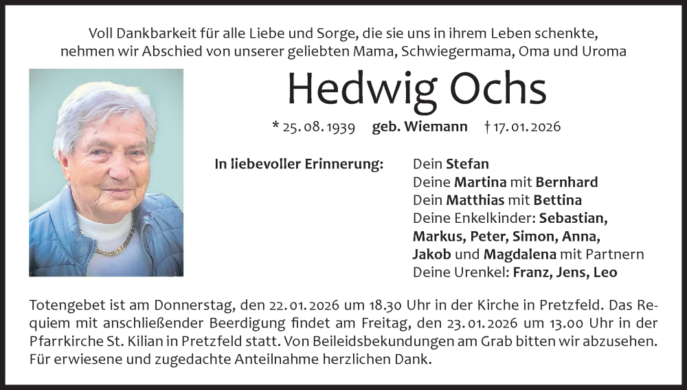  Traueranzeige für Hedwig Ochs vom 21.01.2026 aus MGO