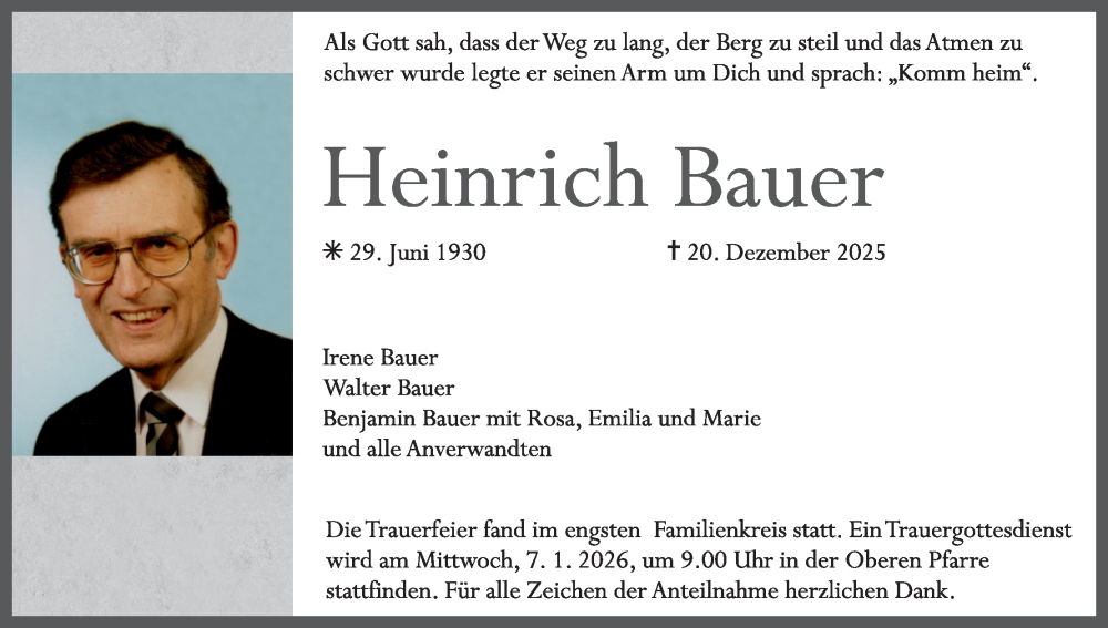  Traueranzeige für Heinrich Bauer vom 03.01.2026 aus MGO