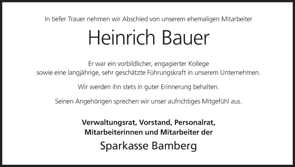  Traueranzeige für Heinrich Bauer vom 10.01.2026 aus MGO