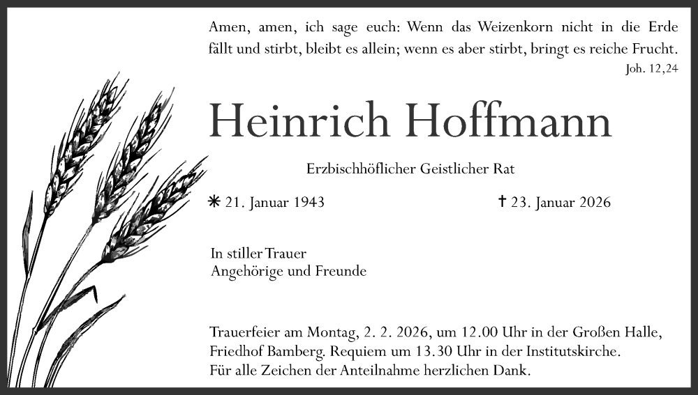  Traueranzeige für Heinrich Hoffmann vom 31.01.2026 aus MGO