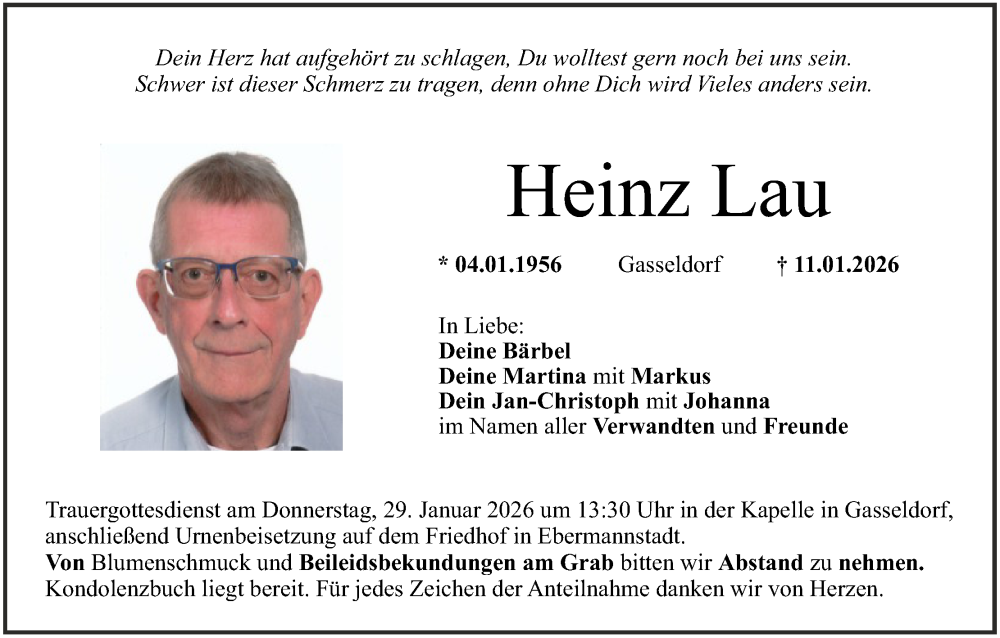  Traueranzeige für Heinz Lau vom 24.01.2026 aus MGO