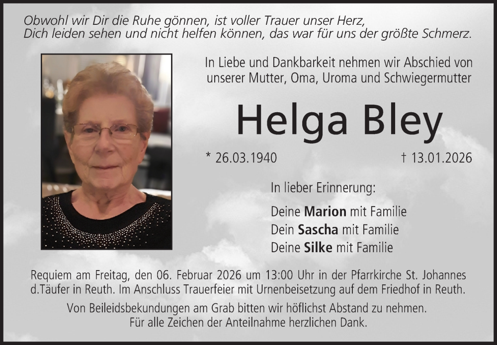  Traueranzeige für Helga Bley vom 31.01.2026 aus MGO