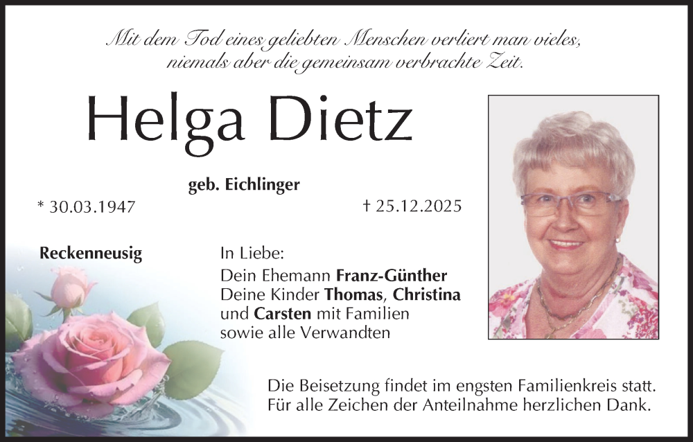  Traueranzeige für Helga Dietz vom 03.01.2026 aus MGO
