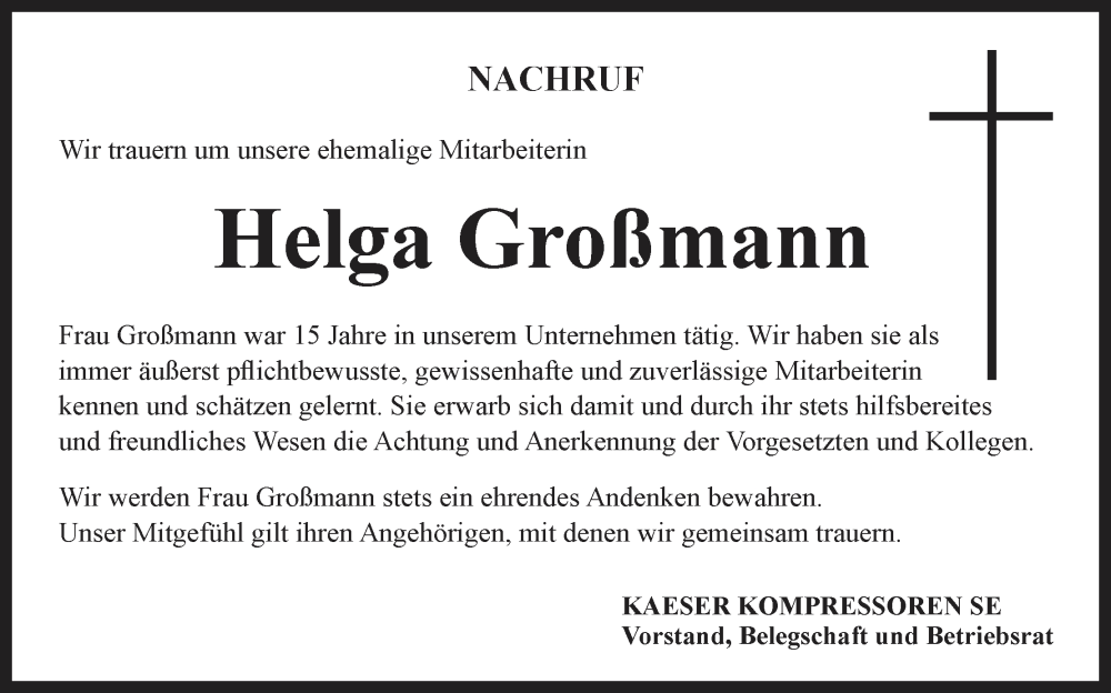  Traueranzeige für Helga Großmann vom 13.01.2026 aus MGO