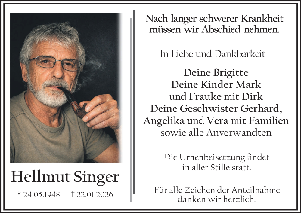  Traueranzeige für Hellmut Singer vom 31.01.2026 aus MGO