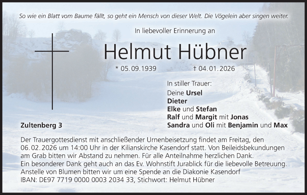  Traueranzeige für Helmut Hübner vom 31.01.2026 aus MGO