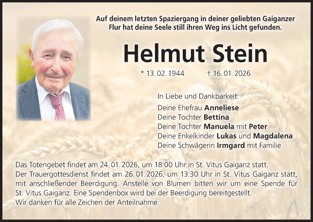  Traueranzeige für Helmut Stein vom 23.01.2026 aus MGO