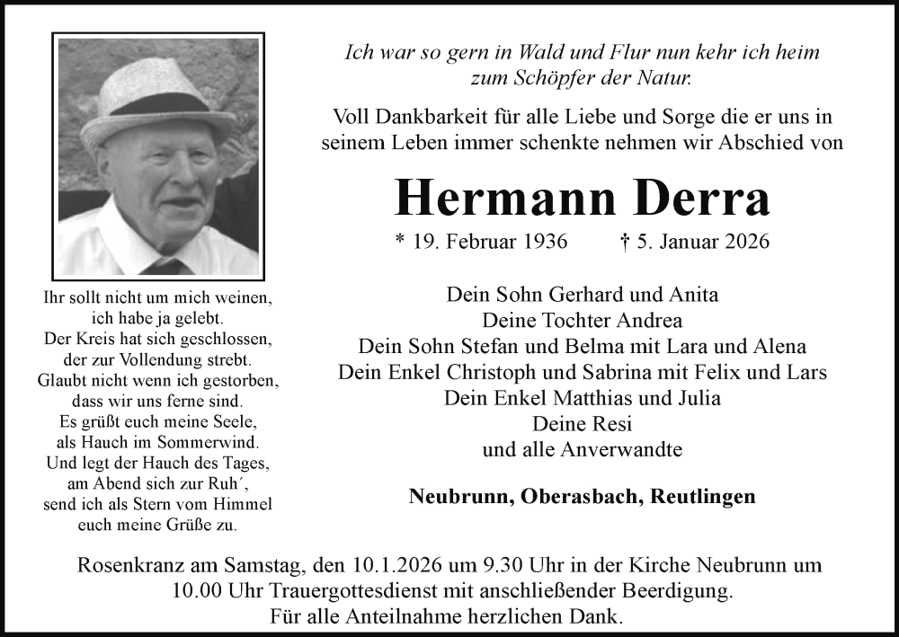 Traueranzeige für Hermann Derra vom 09.01.2026 aus MGO