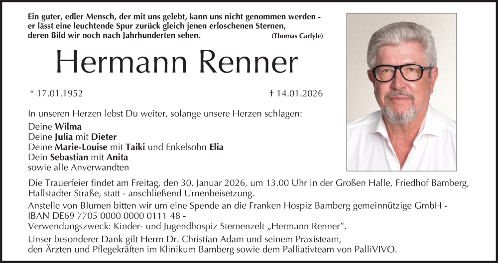  Traueranzeige für Hermann Renner vom 24.01.2026 aus MGO