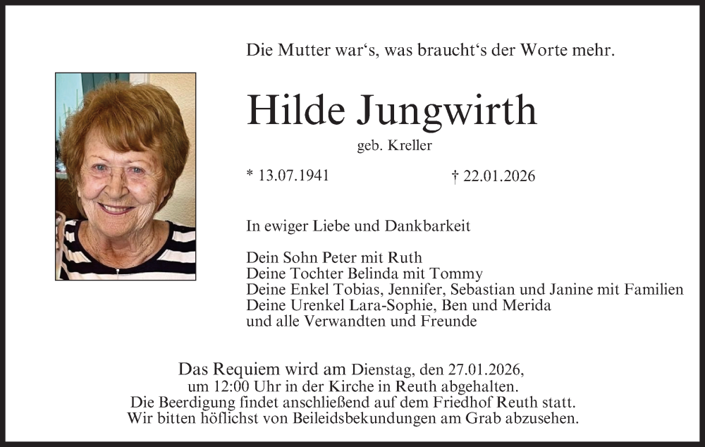  Traueranzeige für Hilde Jungwirth vom 24.01.2026 aus MGO