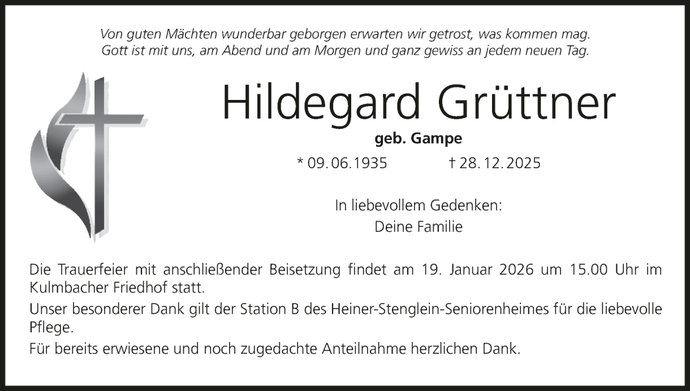  Traueranzeige für Hildegard Grüttner vom 10.01.2026 aus MGO