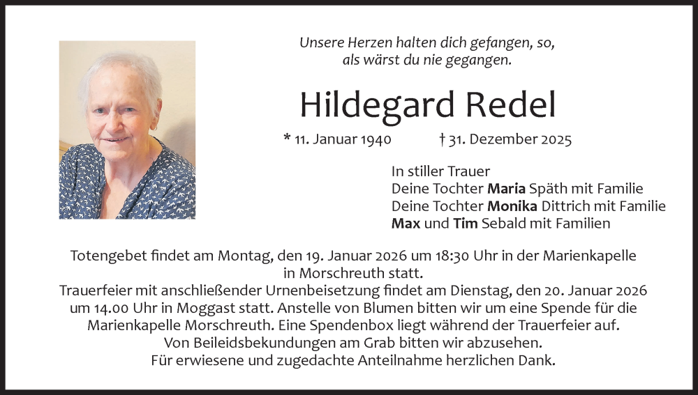  Traueranzeige für Hildegard Redel vom 17.01.2026 aus MGO
