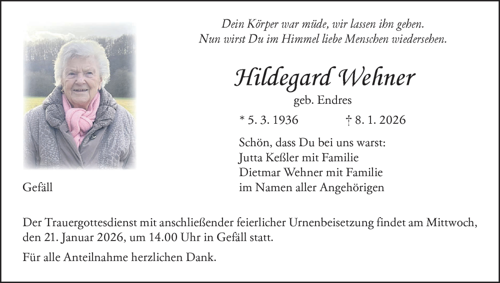  Traueranzeige für Hildegard Wehner vom 17.01.2026 aus MGO