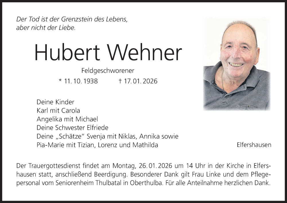  Traueranzeige für Hubert Wehner vom 24.01.2026 aus MGO