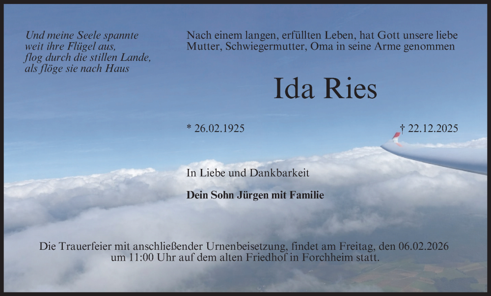  Traueranzeige für Ida Ries vom 31.01.2026 aus MGO