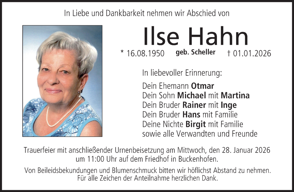  Traueranzeige für Ilse Hahn vom 24.01.2026 aus MGO