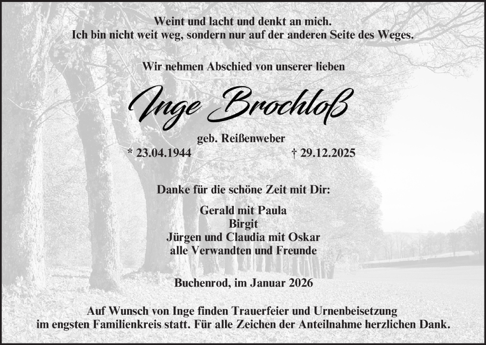  Traueranzeige für Inge Brochloß vom 03.01.2026 aus MGO