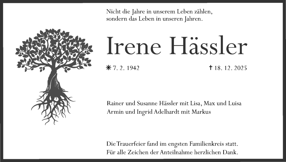 Traueranzeige für Irene Hässler vom 24.01.2026 aus MGO