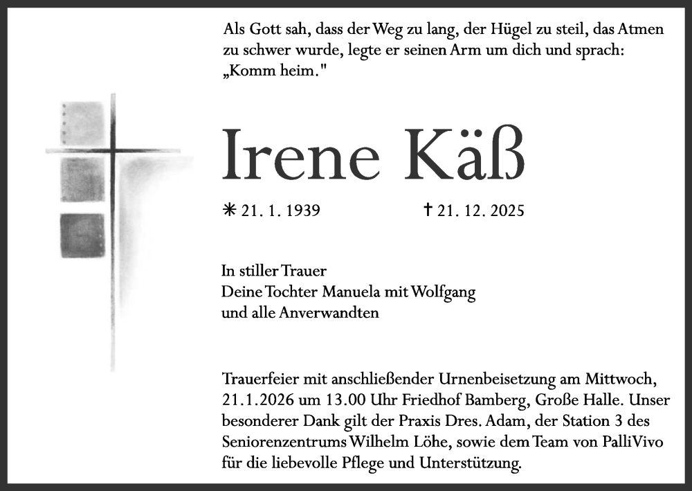  Traueranzeige für Irene Käß vom 17.01.2026 aus MGO