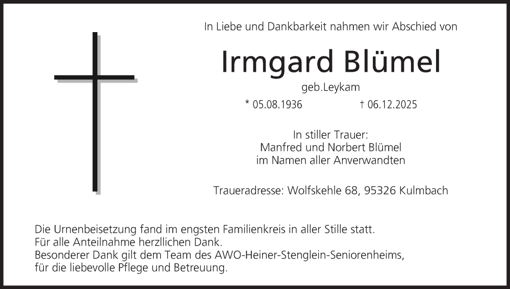  Traueranzeige für Irmgard Blümel vom 03.01.2026 aus MGO