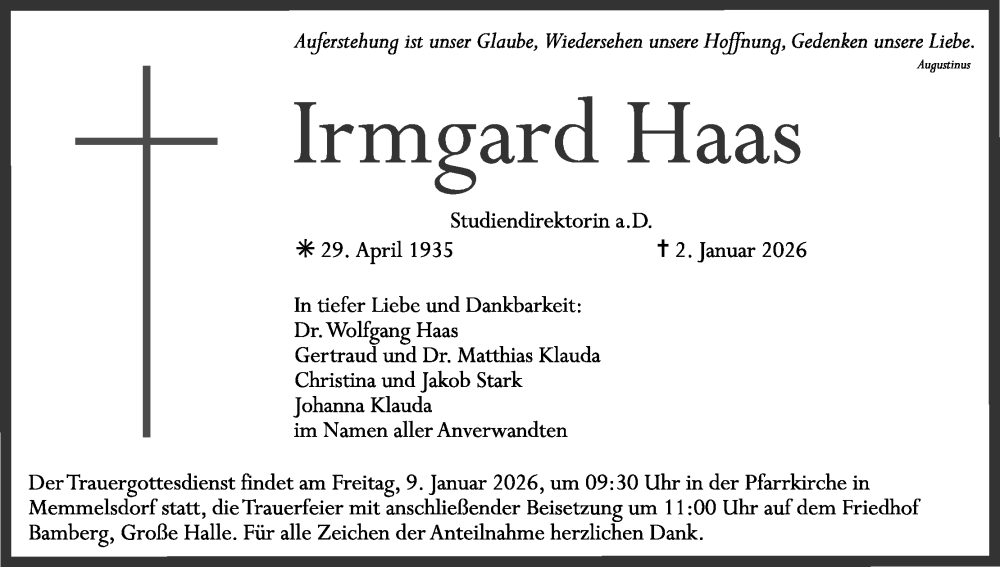  Traueranzeige für Irmgard Haas vom 07.01.2026 aus MGO