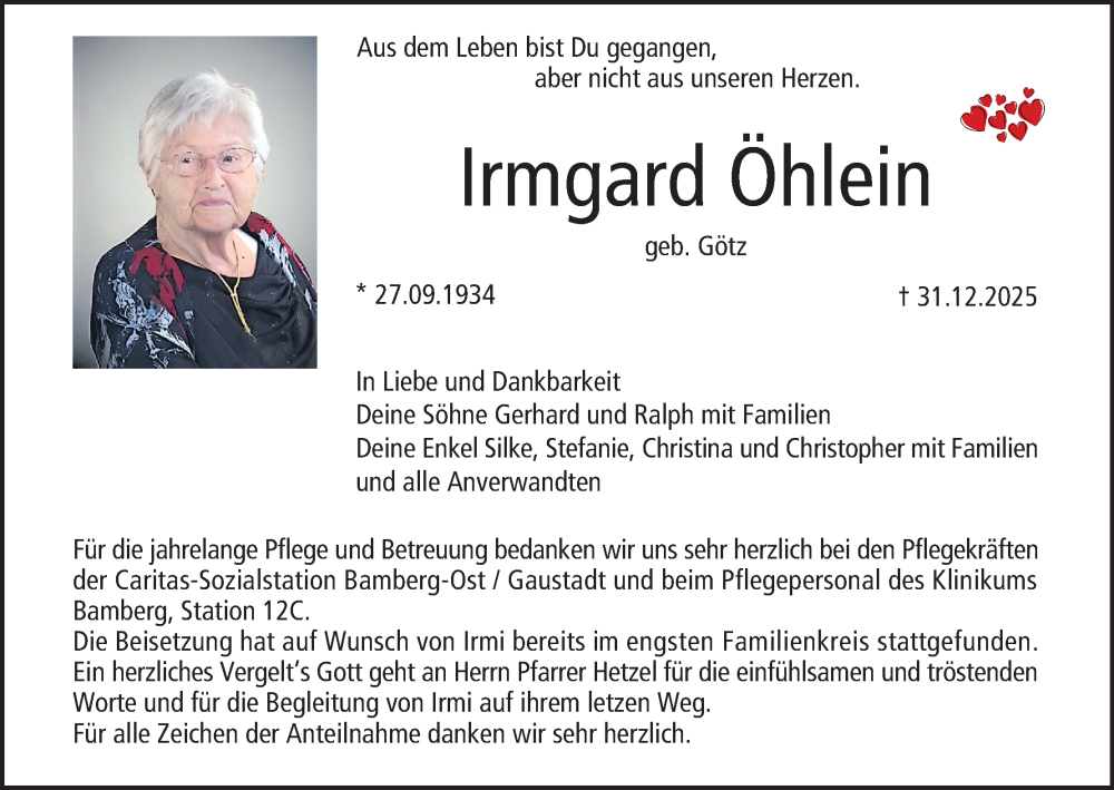  Traueranzeige für Irmgard Öhlein vom 24.01.2026 aus MGO