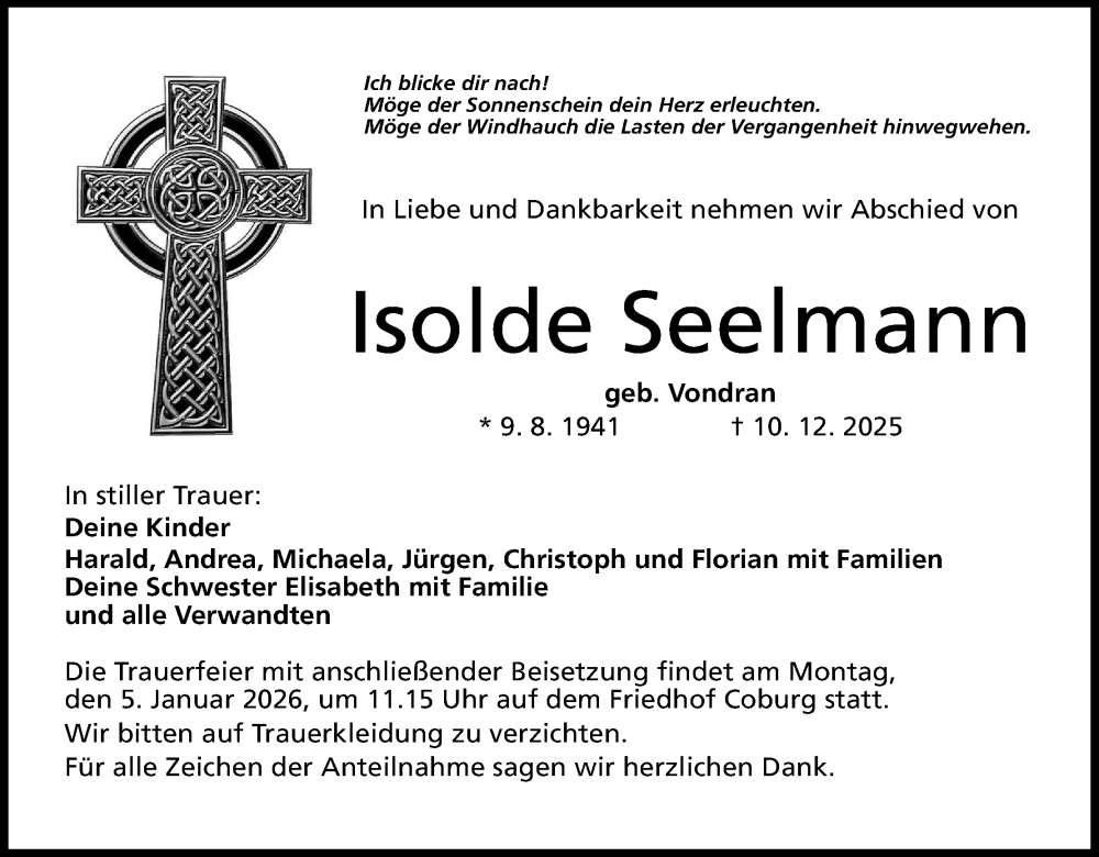  Traueranzeige für Isolde Seelmann vom 31.12.2025 aus MGO