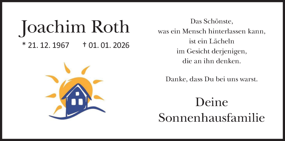  Traueranzeige für Joachim Roth vom 31.01.2026 aus MGO