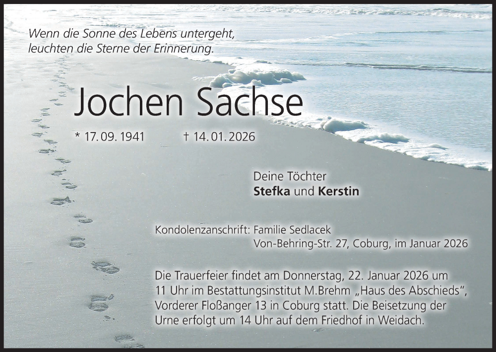  Traueranzeige für Jochen Sachse vom 17.01.2026 aus MGO