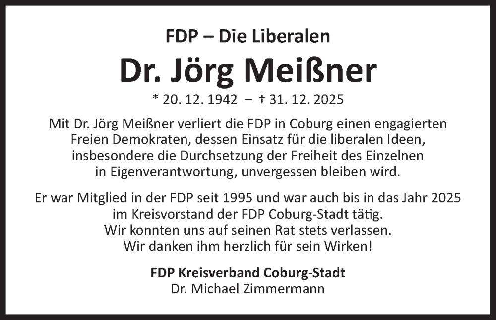  Traueranzeige für Jörg Meißner vom 10.01.2026 aus MGO