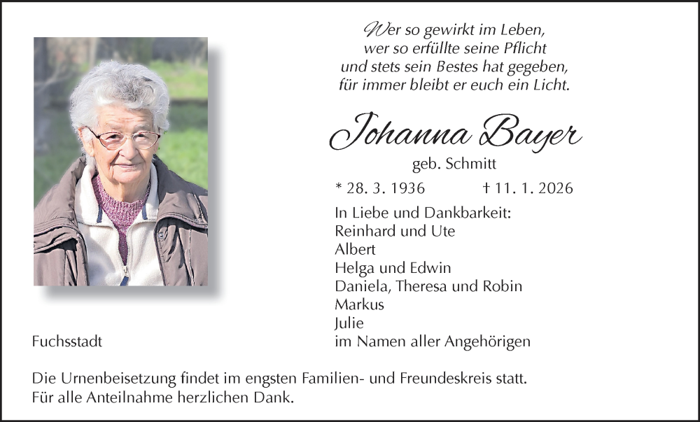 Traueranzeige für Johanna Bayer vom 17.01.2026 aus MGO