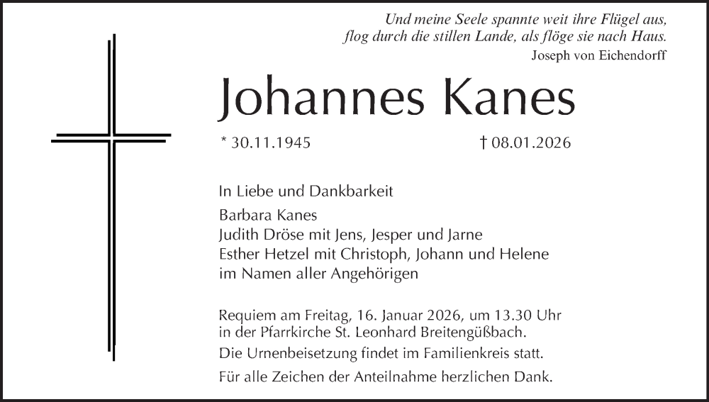 Traueranzeige für Johannes Kanes vom 10.01.2026 aus MGO