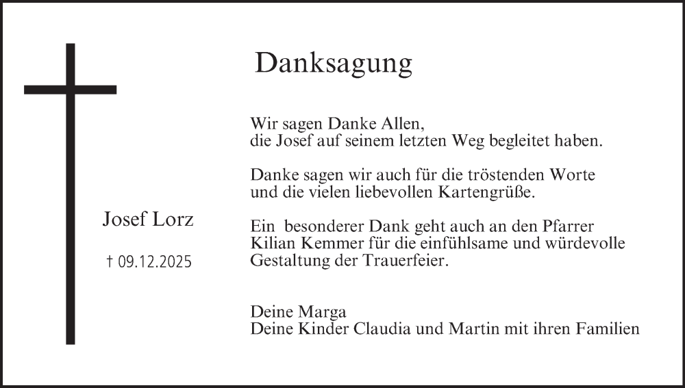  Traueranzeige für Josef Lorz vom 09.01.2026 aus MGO